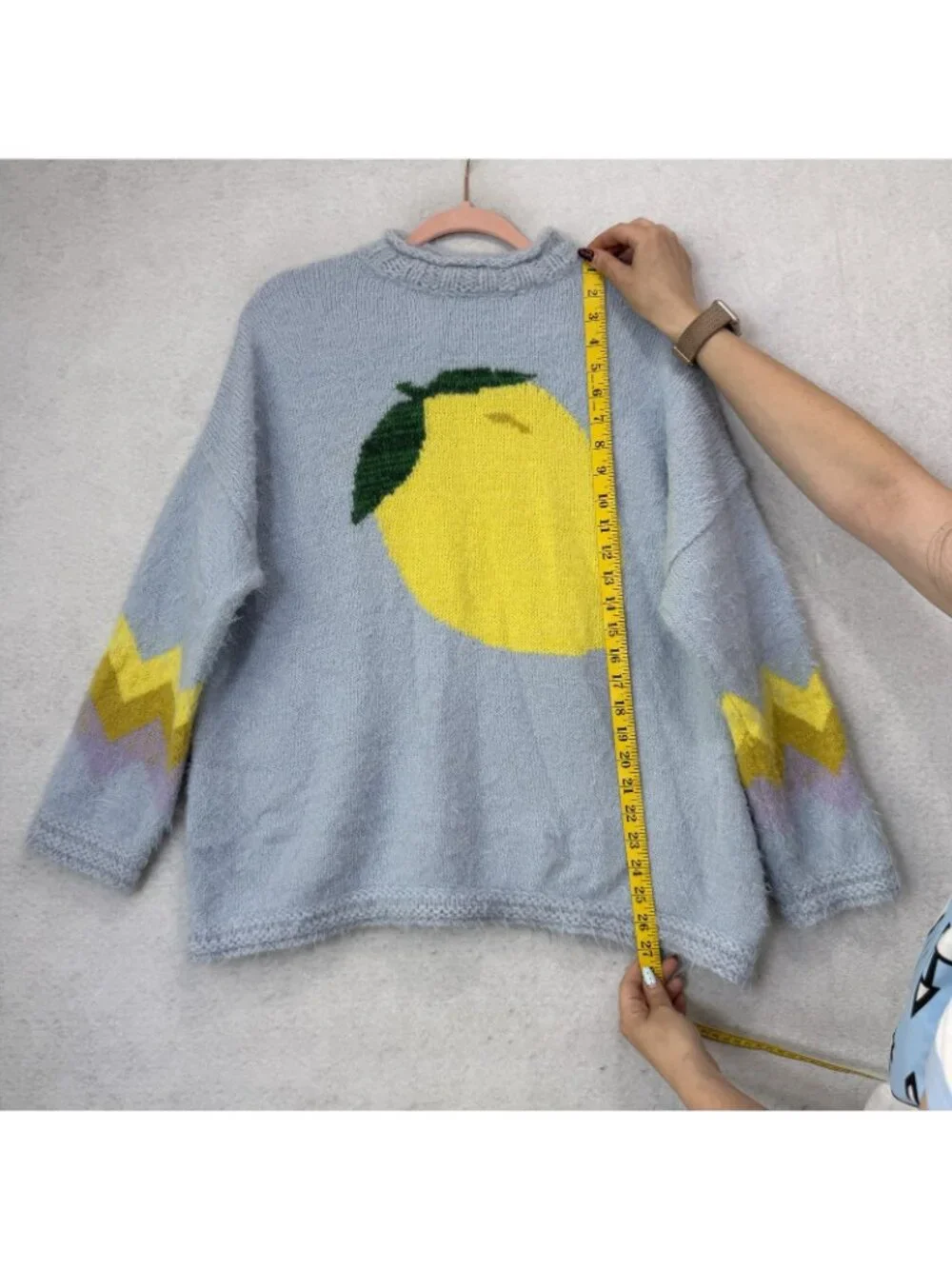 Free People Sweater Womens XS Blue Lemon Graphic Mock Neck Fuzzy Knit Pullover